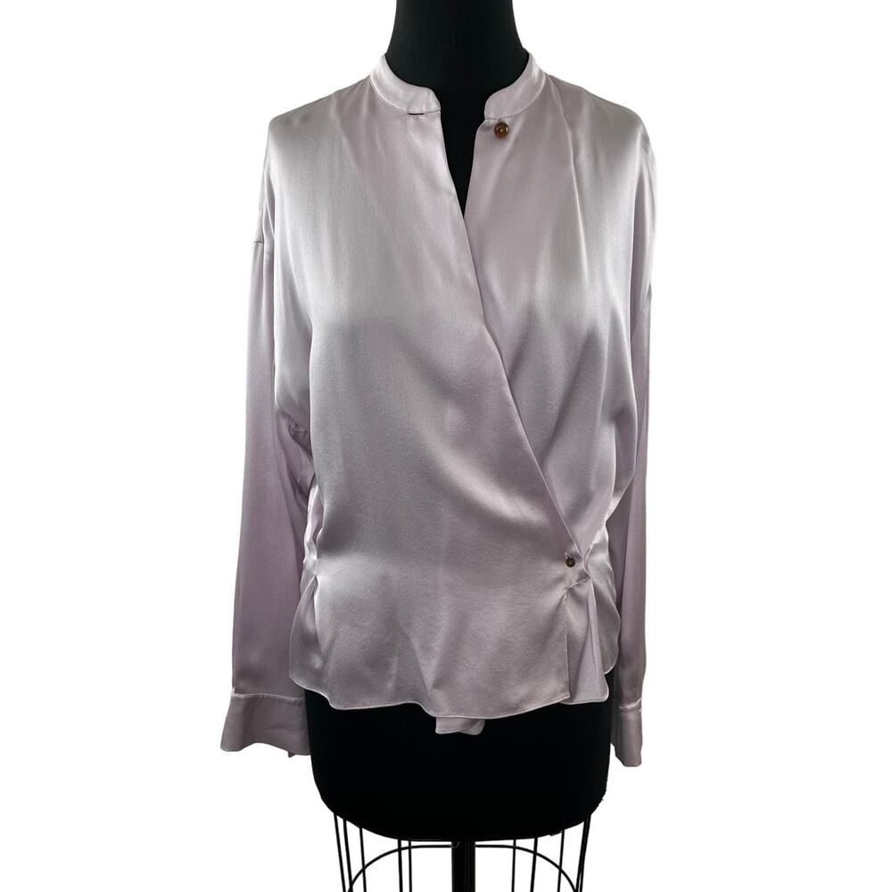VINCE Satin Wrap Blouse Top Pink Mandarin Collar Long Sleeve Button Cuffs Size ?
